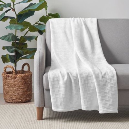 Host & Home 100% Cotton Basketweave Throw, Lightweight Blanket, 300GSM, 50x70, White