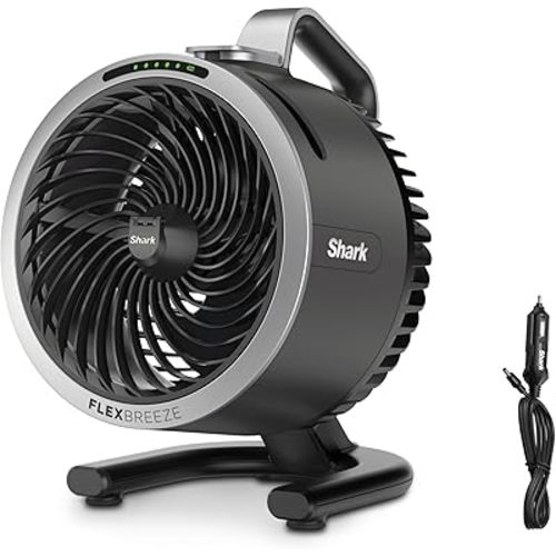 Shark FlexBreeze HydroGo Fan + Car Charger — Ultra-powerful portable fan that mists indoors & outdoors. Up to 70 feet, up to 12-hr. battery, 5 speeds, breeze modes & misting, Grey, FA052QDG