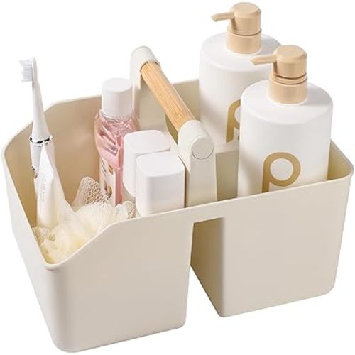 rejomiik Portable Shower Caddy Basket with Bamboo Handle, Plastic Cleaning Caddy Bathroom Organizer Tote for College Dorm Essentials, Bath Toy Storage, Cream