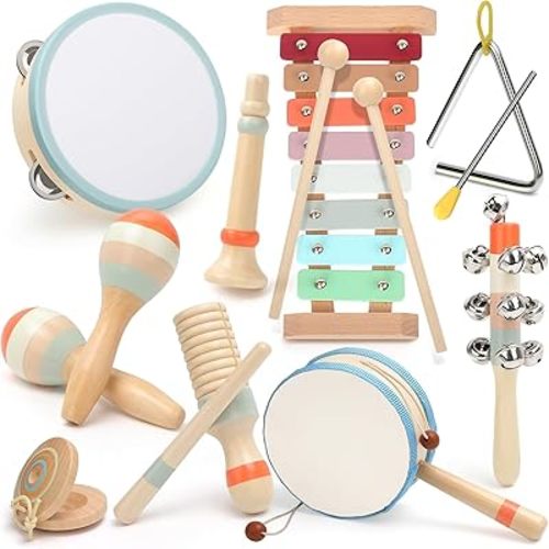 Toddler Musical Instruments, 10 Piece Neutral Colors Baby Musical Instruments Set, Wooden Percussion Instruments Toy for Kids Preschool Educational, Montessori Music Toys for Girls and Boys Gift