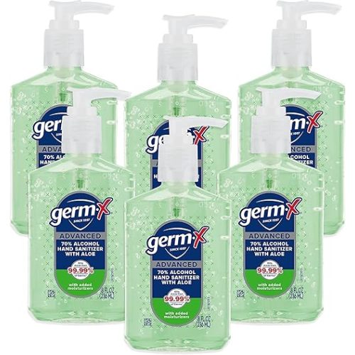 Germ-X Advanced Hand Sanitizer with Aloe and Vitamin E, Non-Drying Moisturizing Gel, Instant and No Rinse Formula, Pump Bottle, Back to School Supplies College, 8 Fl Oz (Pack of 6)