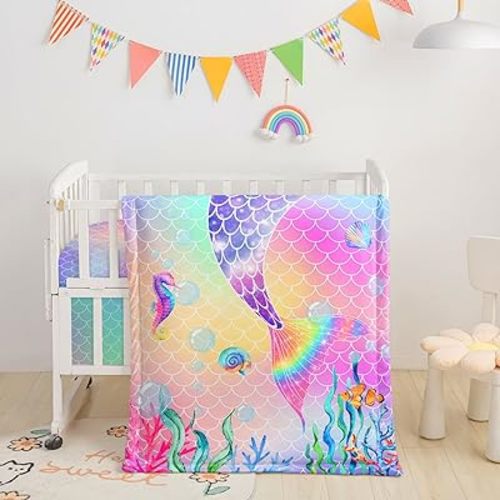 Crib Bedding Set,3pcs Nursery Crib Bedding with Comforter Crib Sheet & Crib Skirt,Mermaid Scales Printed Nursery Bedding for Baby Boys and Girls(Mermaid Watercolor)