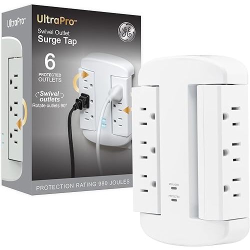 GE 6-Outlet Extender, Surge Protector, Swivel Side Access, Wall Tap Adapter, 3-Prong, 980 Joules, ETL Listed, White, 81781