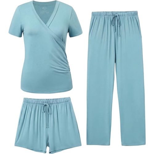 PATPAT 3-Piece Maternity Nursing Pajamas, Pregnancy to Postpartum Breastfeeding Pjs with Pockets, Soft Sleepwear, S-XXL
