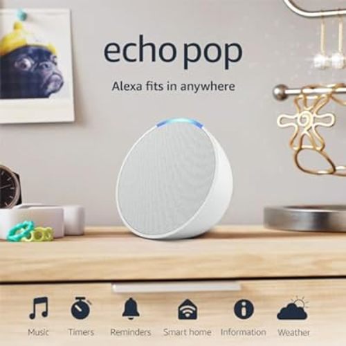 Amazon Echo Pop | Add Alexa to your bedroom, living room, bathroom, or office | Glacier White