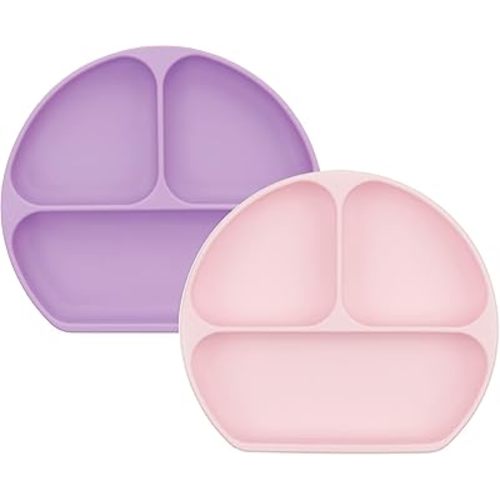 Bumkins Toddler and Baby Suction Plate, Silicone Divided Grip Dish for Babies and Kids, Baby Led Weaning, Children Feeding Supplies, Non Skid Bottom, Platinum Silicone, 6 Months Up, Lavender and Pink
