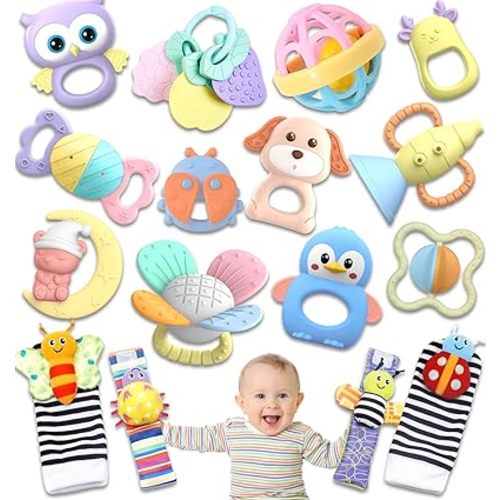 AZEN 16 Pack Baby Rattles Teething Toys 3-6 Months, Baby Toys 0-6 Months, Newborn Infant Toys 6-12 Months, Essentials Must Haves Wrist Socks Toddler Stocking Stuffers Valentines Gifts (Pink)