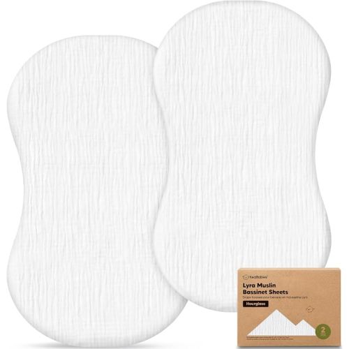 2pk Muslin Baby Bassinet Sheets Girls Boys 30x18 (Soft White, Hourglass) | 100% Cotton Organic Bassinet Sheets, Compatible with Halo Bassinest Swivel Sleeper, Machine Washable Bassinet Mattress Sheets
