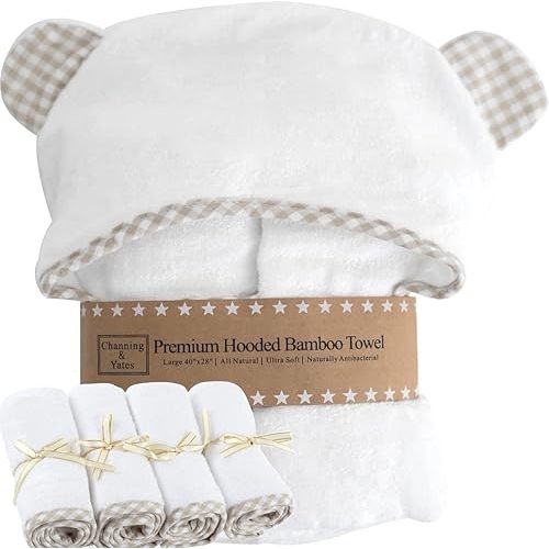 Channing & Yates Premium Hooded Baby Towel + (4 Piece) X-Large Washcloth Gift Bundle - Organic Viscose Made from Bamboo Baby Towels and Washcloths- (Beige Gingham Bundle)…