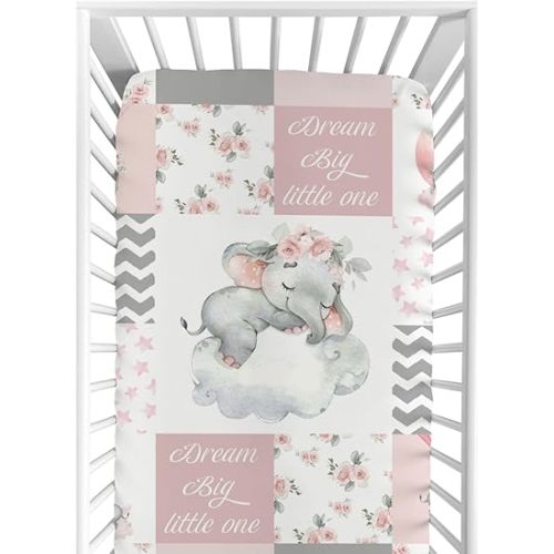 HawSkgFub Pink Sleeping Elephant Flower Fitted Standard Crib Sheet for Baby Girl, Dream Big Little One Patchwork Toddler Mattress Cover, Soft Stretchy Nursery Bed Sheets Decor Kids Gift 52" x 28"