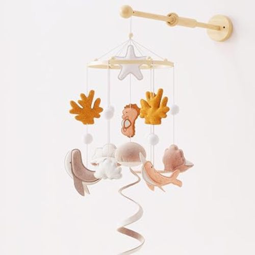 Baby Mobile for Crib – Handmade Ocean Baby Crib Mobile with Seahorse, Shell & Stingray, Nursery Mobiles with Beech Wood Ring, Mobile for Crib Hanging Mobile, Mobile Arm Not Included