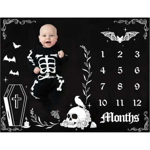 Baby Monthly Milestone Blanket Gothic Baby Month Blanket Goth Nursery Decor for Boys Girls Monthly Year Bat Photo Fleece Prop Stuff Background Blanket 50 X 40 In Halloween Baby Shower Decorations