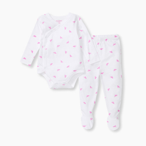 Burt's Bees Baby Organic Cotton Micro Golden Bee Bodysuit Set - Pink Bee, Newborn
