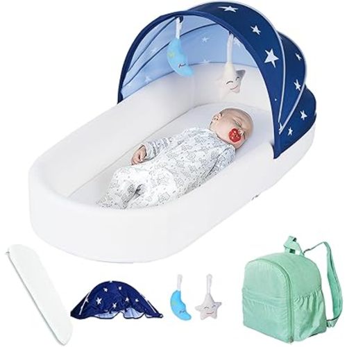 Portable Newborn Nest Lounger-Travel Bassinet,with Canopy & Mosquito Net-Lightweight, Foldable Backpack-Friendly Infant Cot for 0-12 Months,Cotton Cover & Supportive Mattress Washable and Toys (Blue)