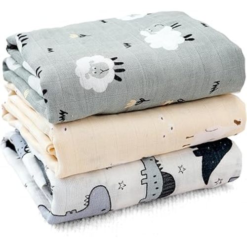 Muslin Swaddle Blankets for Baby Boys and Girls,3 Pack Breathable Soft Receiving Blanket,Large 43.3X 43.3 inches,Newborn Essentials Must Haves(Animal)