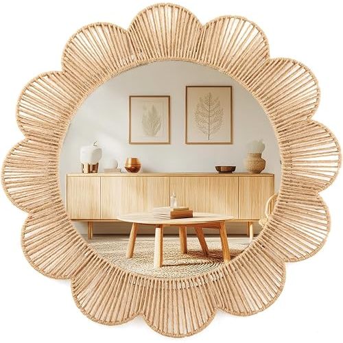 Sintuff Boho Scalloped Wall Mirror Decorative Flower Round Wavy Mirror with Frame Rustic Farmhouse Rattan Wicker Natural Wall Decor for Bathroom Bedroom Office(Jute,18 Inch,Scalloped)