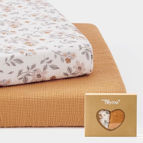 TILLYOU Muslin Mini Crib Sheets 2 Pack, Pack and Play Mattress Sheets Fitted for Pack N Play, 38'' x 26'' Sheet for Toddler, Yellow Flower