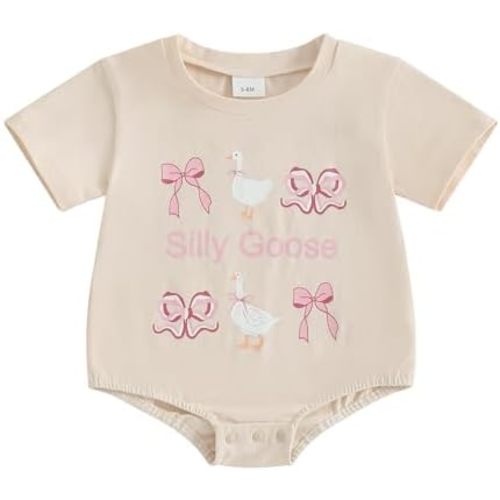 Summer Clothes Newborn Baby Girl Short Sleeve Bubble Romper Bow Goose Printed Bodysuit Top