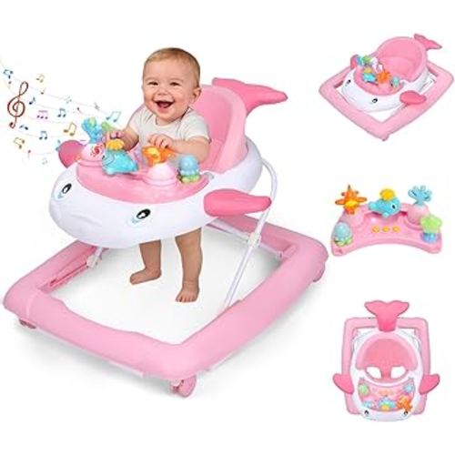 Baby Walker with Wheels, Music and Lights Foldable Baby Walker, 3 Adjustable Heights, Activity Walker for Baby Boy and Girl 6-18 Months, Pink