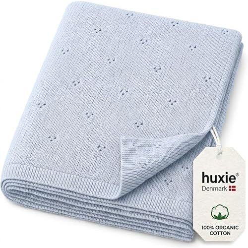 Huxie 100% Organic Cotton Knit Baby Blanket for Boys - Pointelle Swaddle Blanket - 40" x 30" Soft Receiving Blanket for Newborn - Lightweight Heirloom Nursery Knit Blanket (Baby Blue)