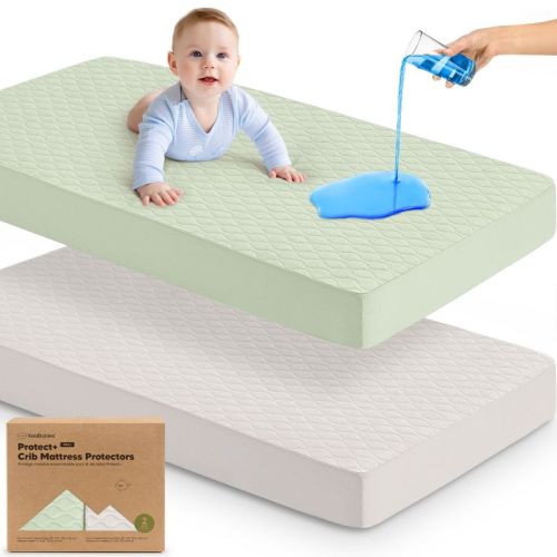 2-Pack Protect+ Waterproof Crib Mattress Protector Covers, Mavy Quilted Cotton Baby Mattress Topper, Toddler Crib Sheets