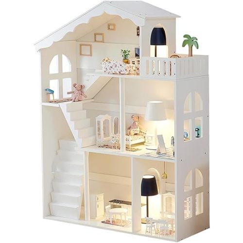 Wooden Dollhouse Bookshelf 3-Tier Doll House Bookcase Kids Books Toys Dolls Storage Organizer Shelves for Children's Bedroom Playroom Kindergarten Nursery Gift for Boys Girls Ages 3-8 Years Old