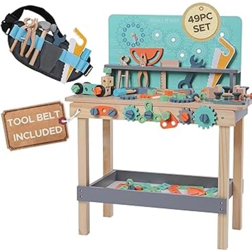 Wooden Toddler Workbench - Kids Tool Belt Included - 49 Piece Toddler Tool Set - Wooden Montessori Kids Tool Bench - Toddler Tool Bench - Toddler Toys for Ages 2-4