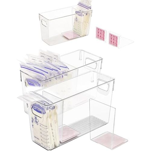 Breastmilk Storage Container with L Shaped Separator Boards, Dividers Will Flatten Standing Breast Milk Bags in Organizer Bins to Save Refrigerator Space | 2 Containers Plus 4 Pink Boards in Total.