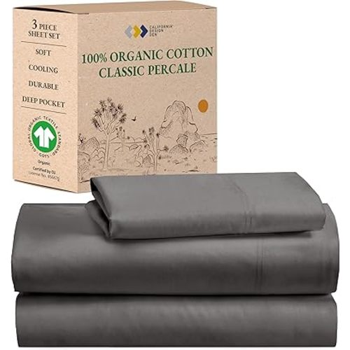 California Design Den Twin Sheets Set - Deep Pocket 100% Organic Cotton Sheets, Cool & Crisp Percale, Durable Bedding Set - Grey