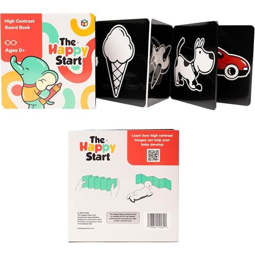 Happy Start Award-Winning High Contrast Board Book - Newborn Black & White Baby Cards, Easy to Clean, Hospital Approved, Stands on Its Own, Tummy Time Toy, Ages 0+ (English)