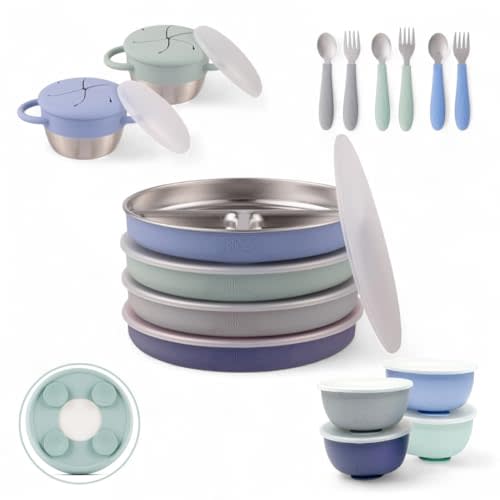 Elk and Friends Kids Stainless Steel Mealtime Bundle | Plates, Bowls, Snack Cups + Toddler Utensils | Silicone Suction Sleeves + Travel Storage Lids | Meals + Snacks | Dishwasher Safe