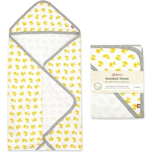 Zutano Hooded Baby Towels, Organic Cotton Baby Bath Towel, Ultra Soft and Absorbent Baby Towel for Newborn and Infant | Girl, Boy, and Unisex Towel Set, Rubber Duckies, 1-Pack