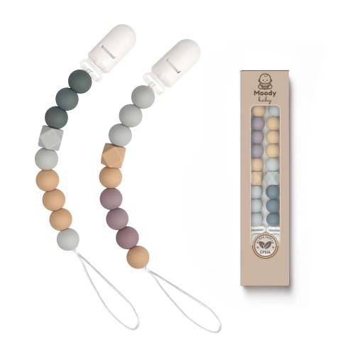 MOODYBABY® Pacifier Binky Clips for Boys Girls Soother Chain Silicone Holder 2 Pack Set for Baby Unisex Neutral Newborn Dummies Baby Shower Gift (Neutral Gray)