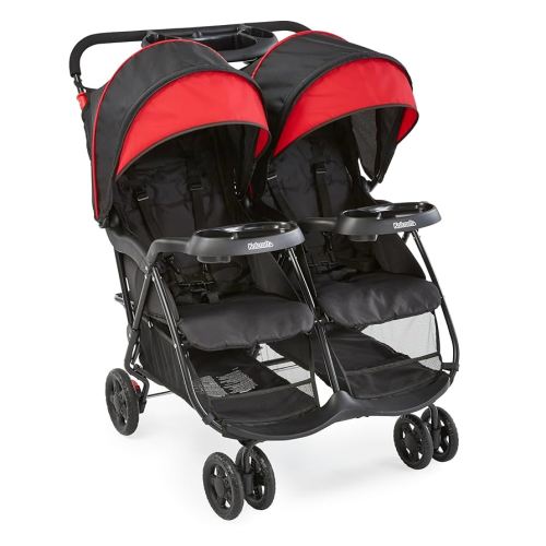 Kolcraft Cloud Plus Double Stroller Side by Side for Baby and Toddler, Compact and Travel Friendly, Reclining Seats, Child & Parent Trays, Large Storage, Extendable Canopies, Collapsible - Red/Black