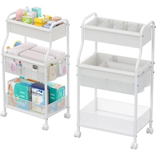3-Tier Diaper Caddy Organizer & Rolling Cart,Metal Utility Cart with 4+2 Dividers & Lockable Silent Casters, Mobile Storage Cart for Nursery Essentials, Multi-Purpose for Kidsroom Changing Table