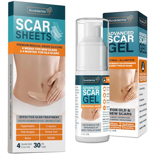 NUVADERMIS Extra Long Silicone Scar Sheets with Scar Gel – Reusable Medical Grade Sheets for C-Section, Tummy Tuck, Keloid, and Surgical Scars