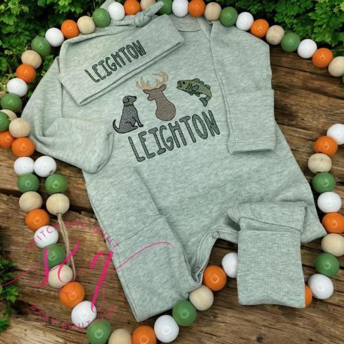 Personalized Outdoor Baby Romper Set , Sage Green Deer, Dog & Fish Design, Infant boy coming home set, Baby Footie with Beanie, Hunting Baby