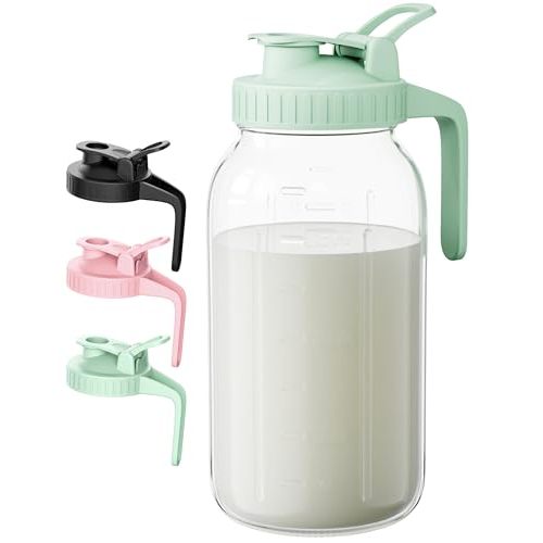 VA1KENE 64oz Breast Milk Pitcher - 2 Qurat Glass Mason Jar with Lid and Pour Spout - 100% Airtight Leakproof Water Jugs for Iced Sun Tea, Juice, Cold Coffee, Breastmilk Storage Container - Green