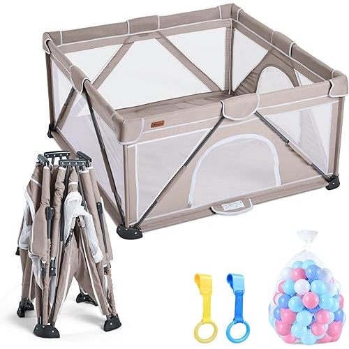 Baby Playpen Foldable, Playard for Babies and Toddlers, Portable Playpen Activity Center with 50 Balls+2 Handles for Travel, Indoor & Outdoor Play Pen with Mesh 50''x50''