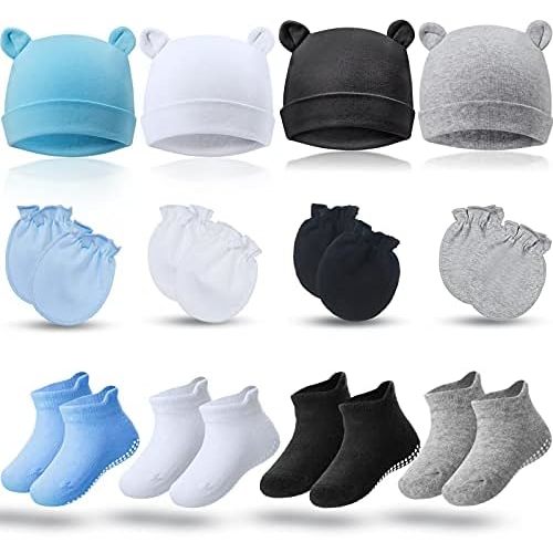 4 Sets Newborn Baby Hat and Mittens Toddler Beanie Cap Non Slip Socks for 0-6 Months