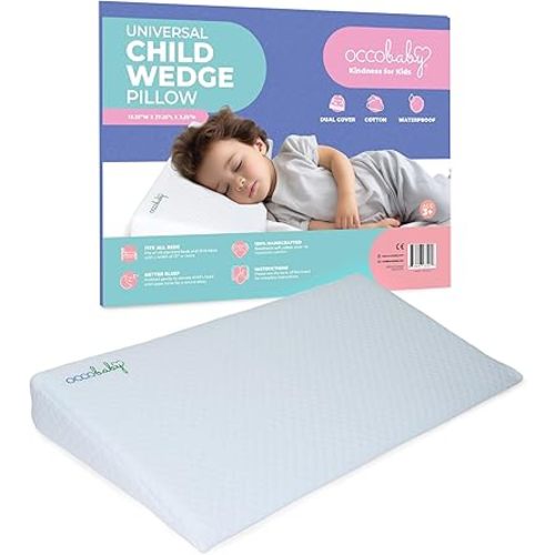 OCCObaby Child Pillow Wedge with Waterproof Cover, Organic Cotton Pillowcase, Neck Support, Congestion and Coughing Support, Kid Pillow for Travel, Daycare Naptime