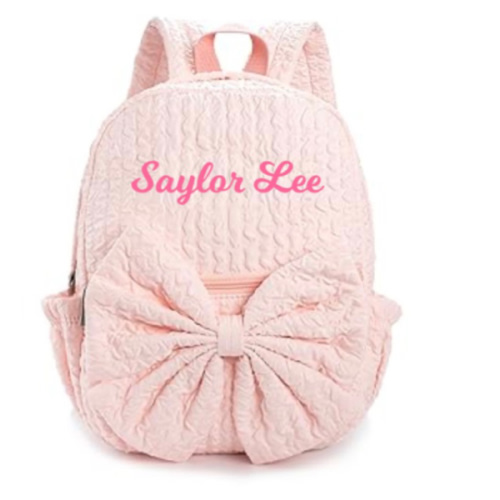 Daycare Backpack Personalized Seersucker Backpack with Bowknot Custom Small Embroidered Daypack Overnight Daycare Bags (Pink Large Bowknot)