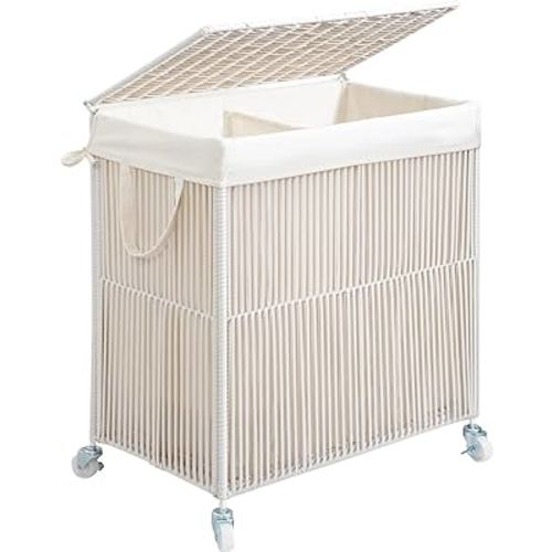 WOWLIVE Laundry Hamper with Wheels, Handwoven Rolling Laundry Basket with Lid, Clothes Hamper with Divided Removable Liner Bag, 115L Large Capacity Laundry Sorter Laundry Room Organization, White