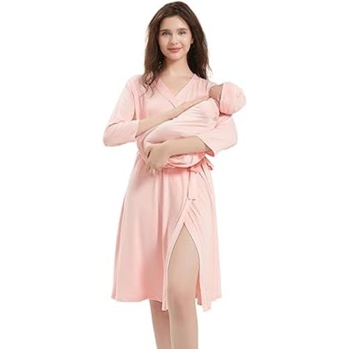 Galabloomer Maternity Robe and Baby Receiving Blanket, Matching Mommy Labor Delivery Robe and Swaddle Set (xl, blush)