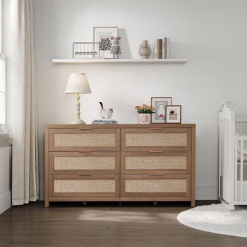 SICOTAS 56.85" 6 Drawer Tall Dressers, Rattan Dresser with Large Storage Space Boho Dressers & Chests of Drawer Engineered Wooden Dressers for Bedroom,Oak