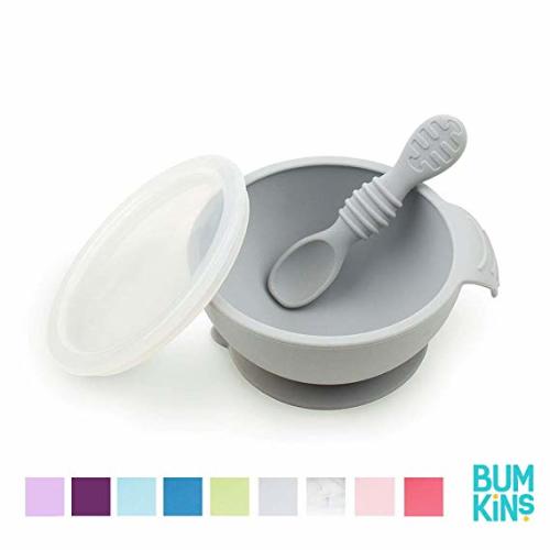Bumkins Suction Silicone Baby Feeding Set, Bowl, Lid, Spoon, BPA-Free, First Feeding, Baby Led Weaning - Gray - 1 Count - Gray-FF
