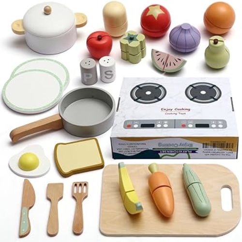 Wooden Food Set for Kids with Cookbook Magical Recipes, Wood Velcro Cutting Fruit and Vegetables Toy for Toddlers, Cooking Pretend Play, Kitchen Accessories, Early Education Toys