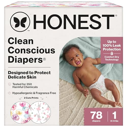 The Honest Company Clean Conscious Diapers for Delicate Skin, Up to 100% Leakproof Hypoallergenic Fragrance-Free Baby Diapers, Girl Prints, Club Box, Size 1 (814 lbs), 78 Count (Prints May Vary)