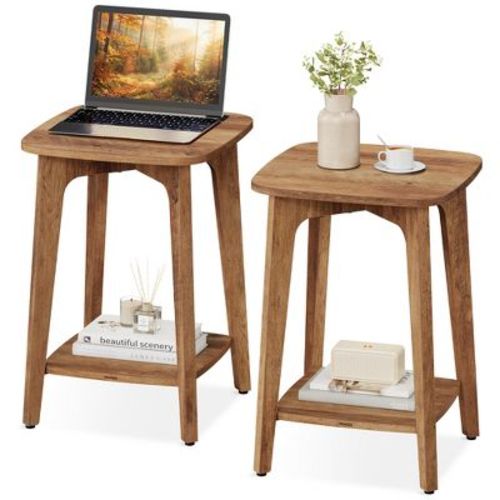 VASAGLE MAEZO Collection - Side Tables, Set of 2, 2-Tier Small Square End Tables, Nightstands with Tapered Legs, Curved Transitions, Honey Brown