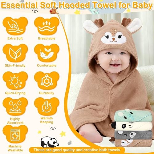 16 Pcs Baby Towels Set for Infants Toddlers, 4 Pcs Hooded Bath Towels, 4 Pcs Baby Bibs & 8 Pcs Washcloths Set, Absorbent Soft Newborn Gift for Boys & Girls-Elephants, Pandas, Bears & Moose